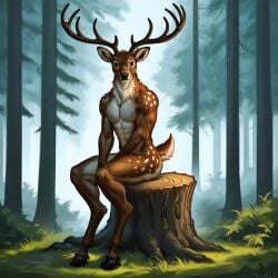 abs ai_generated anthro anthro_deer antlers brown_fur daedra deer forest forest_background god hooves humanoid male male_only skyrim spotted_fur stag the_elder_scrolls tree_stump white_tailed_deer