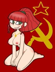 bangs blush cccp communism cross_necklace exposed_breasts female_only green_eyes gunbuster hammer_and_sickle jung_freud kneeling krusha64612042 light-skinned_female national_personification pubic_hair red_hair russian russian_female smile solo_female soviet_flag soviet_union ussr