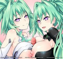 1boy 2girls blush bodysuit breast_press breasts cleavage commentary_request double_paizuri dual_persona erect_nipples gloves green_hair green_heart large_breasts long_hair looking_at_viewer multiple_girls multiple_paizuri neptunia_(series) nipples open_mouth paizuri penis pink_background ponytail pov power_symbol purple_eyes sereneandsilent shiny shiny_hair shiny_skin solo_focus straight symbol-shaped_pupils symmetrical_docking teamwork tied_hair uncensored upper_body vert very_long_hair