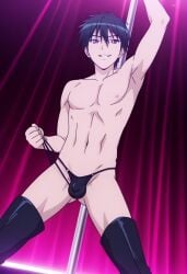 ai ai-created ai_art ai_assisted ai_generated black_thong bulge gay hida_kizuna male male_focus male_only male_stripper masou_gakuen_hxh pole_dancing pulling_underwear solo_male strip_club stripper stripper_pole striptease thigh_boots thighhighs thong