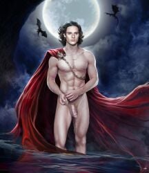 1boy 1male abs bulging_biceps cape chest dragon flaccid flaccid_penis game_of_thrones house_of_the_dragon jacaerys_velaryon long_hair muscles muscular naked necklace precum precum_drip precum_on_thigh precum_string precum_trail prince royal royalty shoulder_length_hair solo_male