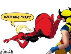 1boy 1girls ass deadpool_&_wolverine_(2024) huge_ass lady_deadpool laying_down senzadel spanish_text tagme text wolverine_(x-men) x-men