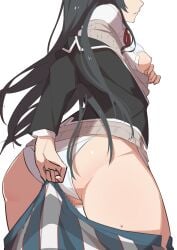 1girls ass back_view black_cardigan black_hair bra bra_lift breasts_out cardigan censored clothes_lift female_focus female_only highres long_hair morisobo mosaic_censoring my_teen_romantic_comedy_snafu nipples panties pussy red_ribbon ribbon school_uniform shirt_lift simple_background skirt skirt_lift underwear undressing white_background white_panties yukinoshita_yukino