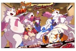 2024 absurd_res anthro belly big_belly blue_body chibineco flaccid food generation_3_pokemon genitals group hi_res holidays kemono male male_only moobs nintendo orange_body overweight overweight_male penis pink_body pokemon pokemon_(species) red_body sitting small_penis thanksgiving white_body zangoose