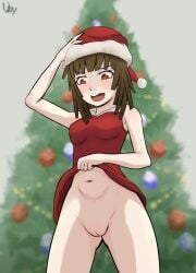 bangs christmas monogatari_(series) pussy pussy_focus santa_costume santa_hat sengoku_nadeko