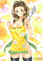 1girls alternate_skin_color apron bare_shoulders big_breasts blush breasts brown_eyes brown_hair cleavage eyelashes female_only heart holding human human_only long_hair looking_at_viewer milf mother_(pokemon_sm) naked_apron nintendo pointy_chin pokemon pokemon_sm sketch smile standing takecha text thighhighs watermark