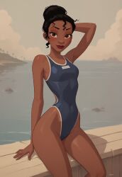 ai_generated arched_back arm_support arms_behind_head bench black black_hair blue_swimsuit brown_eyes cloud covered_navel crossed_legs dark_skin disney disney_princess female groin highleg highleg_swimsuit light_smile lips looking_at_viewer medium_breasts nametag one-piece_swimsuit outdoors pose posing princess_tiana railing sandlecrantz_(ai_generator) school_swimsuit sitting sky smile sukumizu the_princess_and_the_frog thighs tiana water