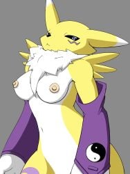 3:4 anthro areola armwear bandai_namco black_sclera breasts canid clothing digimon digimon_(species) female fluffy fur fur_tuft hi_res mammal mostly_nude multicolored_ears neck_tuft nipples purple_armwear purple_clothing renamon solo tuft two_tone_ears vulapa white_body white_breasts white_ears white_fur yellow_body yellow_ears yellow_fur