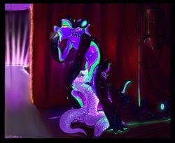 absurd_res anthro blacklight bodily_fluids cum cum_drip cum_in_mouth cum_inside deepthroat dripping duo fellatio female finger_in_mouth genital_fluids genitals hi_res hog-nosed_snake male male/female nami_(zipper_7z) neon_lights oral oral_penetration penetration penile penis preparation reptile saliva saliva_on_penis saliva_on_tongue saliva_string scalie sex snake zipper_7z