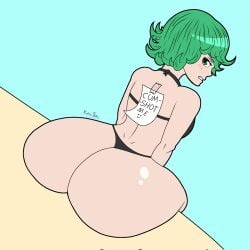 1girls big_ass bikini black_bikini blush bottom_heavy fair_skin female female_only green_eyes green_hair huge_breasts kairasin looking_back note note_on_back one-punch_man shortstack sitting sitting_down solo tatsumaki thick_ass