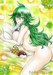 1girls ass bed blue_eyes blush breasts dat_ass female female_only gender_bender genderswap genderswap_(mtf) green_hair human large_ass large_breasts long_eyelashes long_hair natural_harmonia_gropius necklace nintendo nude nude_female pokemon pokemon_bw rule_63 sketch solo solo_female takecha team_plasma