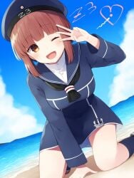 ai_generated anchor autograph beach blue_dress blue_headwear blue_sailor_collar blue_socks blush bottomless brown_eyes brown_hair dutch_angle facing_viewer fertilization footwear hand_up headwear impregnation island kantai_collection legs_apart looking_at_viewer medium_breasts medium_hair one_eye_closed open_mouth pose pregnant sagging_breasts sea sexually_suggestive w z3_max_schultz_(kantai_collection)