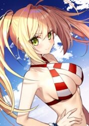 >:d :d ahoge bangs bikini blonde_hair blue_sky blush bracelet breasts cleavage cloud cloudy_sky criss-cross_halter day eyebrows_visible_through_hair fate/grand_order fate_(series) female floating_hair gambe green_eyes hair_between_eyes hair_intakes halter_top halterneck hand_on_hip jewelry large_breasts long_hair looking_at_viewer navel nero_claudius_(fate) nero_claudius_(swimsuit_caster) open_mouth outdoors red_bikini revision sidelocks sky smile solo striped striped_bikini swimsuit teeth tsurime twintails upper_body white_bikini