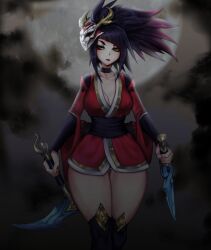 1girls akali bangs black_hair blood_moon_akali blood_moon_series blunt_bangs breasts cleavage clothed clothing diagonal_bangs eyebrows eyelashes female girl green_eyes knife league_of_legends lipstick mask moon night ponytail red_lipstick revealing_clothes scythe sickle thick_thighs thigh_gap thighhighs thighs weapon