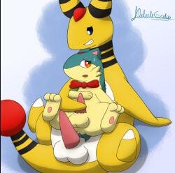 2019 ampharos anus ball_size_difference balls blue_body blue_fur bodily_fluids bow_tie duo feral fur galv3z_(artist) galvez_(galv3z) generation_2_pokemon genitals grin handjob male male/male male_feral nintendo penile penis penis_size_difference pokemon pokemon_(species) quilava reach_around sex signature size_difference smile spread_legs spreading sweat sweatdrop tan_body tan_fur tapering_penis yellow_body yellow_fur