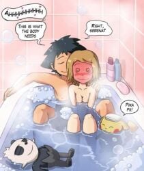 1boy 1boy1girl 1girls bathtub blushing blushing_female cleavage fully_nude jpeg jpeg_artifacts low_res low_resolution lowres nude pancham pikachu pokemon red_face relaxing rolling_eyes romantic satoshi_(pokemon) serena_(pokemon) smile towel_on_head