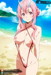 ai_generated beach bikini horns juanpiamvs long_hair medium_breasts patreon patreon_username pink_hair red_eyes shuna_(tensei_shitara_slime_datta_ken) subscribestar subscribestar_username tensei_shitara_slime_datta_ken watermark