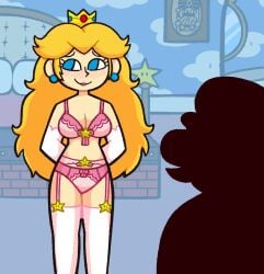 blonde_hair blue_eyes blush bra cleavage crown cute earrings elbow_gloves exposed_midriff female_focus garter_belt garter_straps krusha64612042 light-skinned_female lingerie long_hair mario mario_(series) nervous nintendo out_of_frame panties power_star princess_peach smile thighhighs wholesome