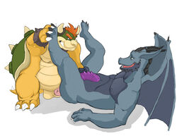 2boys anal anthro balls bowser canson dewo dragon horn koopa legs_up lying male male_only mario_(series) multiple_boys nintendo on_back penis scalie simple_background smile standing testicles video_games white_background wings yaoi