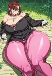 ai_generated ayase_momo big_breasts brown_hair civitai clothed_female dandadan dumptruck_ass dumptruck_butt earings fingerless_gloves hips_wider_than_shoulders huge_breasts jeans laying_down outdoors shoes slim_waist solo_female summer tank_top thick_thighs thunderthighs