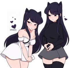 1girls absurd_res blush breasts cat_ears cremanata dress female female_only hi_res komi-san_wa_komyushou_desu komi_shouko large_breasts light-skinned_female light_skin looking_away solo thighhighs thighs white_background wide_hips