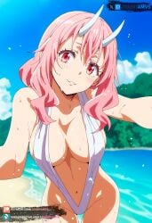 ai_generated beach bikini horns juanpiamvs long_hair medium_breasts patreon patreon_username pink_hair red_eyes shuna_(tensei_shitara_slime_datta_ken) subscribestar subscribestar_username tensei_shitara_slime_datta_ken watermark