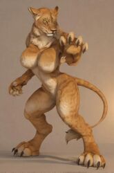 ai_assisted anthro brown_fur cat_eyes confident feline furry gynomorph/female lion lioness muscular muscular_anthro power_pose standing strong strong_woman yellow_eyes