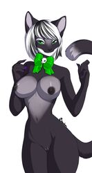 5_fingers anthro areola black_nose bourbon._(artist) breasts feline feline female green_eyes hair mammal navel nipples pussy solo white_hair