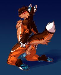 anthro anus ass balls boypretties canid canine fox genitals hi_res kneeling looking_at_viewer looking_back looking_back_at_viewer male male_only mammal penis raised_tail smile solo spread_butt spreading tail