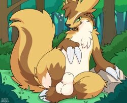 animal_genitalia anthro balls claws fluffy fluffy_tail genitals graedius_(artist) looking_at_viewer male nintendo outside pokemon pokemon_(species) sheath sitting smile solo tail