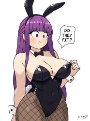 2024 big_breasts blush bowtie bowtie_collar breasts bunny_ears bunnysuit cleavage female female_only fern_(sousou_no_frieren) fishnets frieren_beyond_journey's_end looking_down purple_eyes purple_hair sousou_no_frieren text text_bubble thick_thighs thighs tsunoart white_background