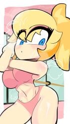 1girls big_breasts blonde_hair blue_eyes breasts dnormal11 gym mario_(series) princess_peach solo sports_bra super_mario_bros. sweat tagme twitter_link