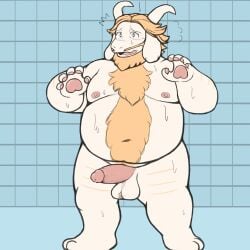 anthro arm_hair asgore_dreemurr ball_tuft balls beard blonde_hair bodily_fluids body_hair boss_monster_(undertale) bovid caprine chest_hair facial_hair genital_fluids genitals goat hair happy_trail hi_res horn humanoid_genitalia humanoid_penis leg_hair male mammal navel nipples nude_anthro nude_male overweight overweight_anthro overweight_male penis precum pubes smush-sin solo surprised_expression tuft undertale_(series)