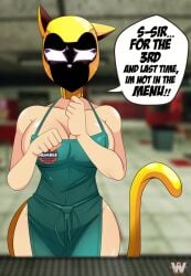 apron_only cat_ears cat_girl cat_humanoid cat_tail catgirl commission dialogue female female_focus female_only great_dude helmet helmet_only human masked masked_female meme_clothing meme_reference naked naked_female nude nude_female original original_art original_artwork rumiko_(thedaftcat)