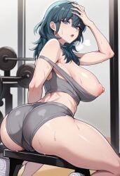 ai_generated ass ass_focus byleth_(fire_emblem) byleth_(fire_emblem)_(female) cameltoe civitai fire_emblem fire_emblem:_three_houses from_behind gym gym_uniform large_breasts off_shoulder puffy_nipples sideboob sweat tagme