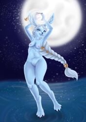 absurd_res accessory anthro blue_eyes breasts claws dancing elluna_(supervive) female fur gauox genitals hair hi_res lagomorph leporid mammal moon night nipples nude pawpads paws pussy rabbit small_breasts solo supervive water white_body white_fur white_hair