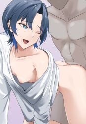 1boy ass blue_eyes blue_hair breasts female highres hiodoshi_ao hiodoshi_ao_(3rd_costume) hololive hololive_dev_is looking_at_viewer looking_to_the_side mole mole_under_mouth nipples sex shirt short_hair small_breasts smile straight uragawa314 virtual_youtuber white_shirt