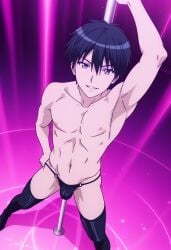 ai ai-created ai_art ai_assisted ai_generated black_thong bulge gay hida_kizuna male male_focus male_only male_stripper masou_gakuen_hxh pole_dancing pulling_underwear solo_male strip_club stripper stripper_pole striptease thigh_boots thighhighs thong