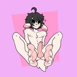 absurd_res anthro anus balls black_hair bodily_fluids bovid caprine claws dripping erection feet foreskin fur genital_fluids genitals hair half-closed_eyes hi_res humanoid_feet humanoid_genitalia humanoid_penis male male_foot_fetish male_only mammal narrowed_eyes nude penis pink_background plantigrade precum precum_drip precum_string sheep simple_background smile solo toe_claws white_body white_fur xing1