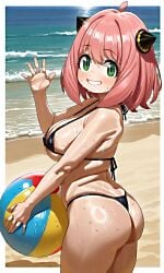1girls ai_generated anya_forger ass beach breasts micro_bikini solo spy_x_family thick_thighs young