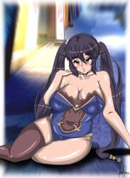 big_breasts corset dilane93 drunk drunk_female genshin_impact laying_on_floor laying_on_side mona_(genshin_impact) night outdoors thick thick_thighs thighhighs twintails