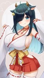 absurdres ahoge amano_nene_(vtuber) amano_nene_(vtuber)_(shrine_maiden) animal_ears black_hair blue_eyes blue_hair blush bow breasts cleavage clothing_cutout colored_inner_hair cow_ears cow_girl cow_horns ear_tag female hair_over_one_eye hakama hakama_short_skirt hakama_skirt highres horns japanese_clothes large_breasts long_hair multicolored_hair nontraditional_miko production_kawaii red_skirt ribbon-trimmed_sleeves ribbon-trimmed_thighhighs ribbon_trim sash second-party_source shadow side_cutout sideboob sideless_kimono skirt solo thighhighs twitter uni_(maru231) virtual_youtuber white_thighhighs wide_sleeves yellow_bow yellow_sash youtube zettai_ryouiki