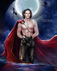 1boy abs black_hair bulge bulge_through_clothing bulging_biceps cape chest dragon foggy_background game_of_thrones gloves half-dressed half_naked house_of_the_dragon jacaerys_velaryon long_hair male male_only mist moon moonlight necklace pants prince royalty shoulder_length_hair solo_male water watermark