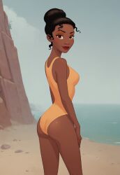 ai_generated ass beach black black_hair brown_eyes cloud dark_skin disney disney_princess female hand_on_thigh lips looking_at_viewer looking_back medium_breasts ocean one-piece_swimsuit outdoors princess_tiana sandlecrantz_(ai_generator) sky smile the_princess_and_the_frog thighs tiana yellow_swimsuit