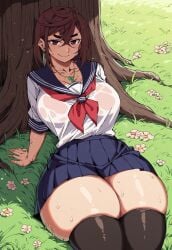 ai_generated ayase_momo big_breasts brown_hair civitai clothed_female dandadan dumptruck_ass dumptruck_butt earings fingerless_gloves hips_wider_than_shoulders huge_breasts laying_down outdoors school_uniform schoolgirl shoes slim_waist solo_female summer thick_thighs thighhighs thunderthighs