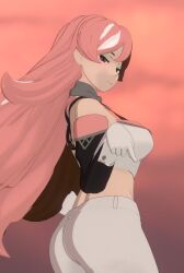 1girls 3d big_breasts breasts brown_eyes brown_hair busty female female_only from_side heterochromia hi_res large_breasts legs midriff neo_(rwby) pants pink_eyes pink_hair rwby solo thighs