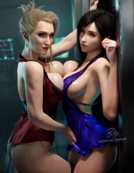 2girls 3d against_wall ass assertive_female backless_dress backless_outfit billyhhyb black_hair blonde_hair bottomless breast_press breasts clothes_lift dress dress_lift final_fantasy final_fantasy_vii final_fantasy_vii_remake highres implied_fingering kabedon lace-trimmed_dress lace_trim large_breasts looking_at_viewer mature_female multiple_girls no_bra no_panties official_alternate_costume purple_dress red_dress scarlet_(ff7) sleeveless sleeveless_dress symmetrical_docking tifa_lockhart tifa_lockhart_(refined_dress) yuri