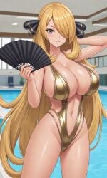 1girls ai_generated cynthia_(pokemon) fan female female_only godzillaninja2019 gold_swimsuit light-skinned_female light_skin nai_diffusion nintendo pokemon pokemon_dppt pool solo stable_diffusion swimsuit tagme