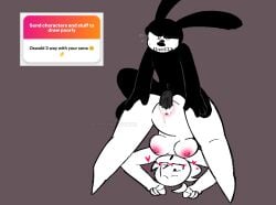 black_body completely_naked completely_naked_female completely_naked_male completely_nude completely_nude_female completely_nude_male cum cum_in_pussy cum_inside cumming female female_on_bottom glasses heart hearts_around_head male male_on_top naked ngl oswald_(character) oswald_the_lucky_rabbit rabbit_humanoid request self_insert simple_background sohornyraccoon sona_(sohornyraccoon) sweat sweatdrop tagme watermark white_body