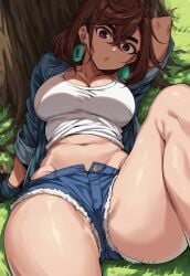 ai_generated ayase_momo big_breasts brown_hair civitai clothed_female dandadan dumptruck_ass dumptruck_butt earings fingerless_gloves hips_wider_than_shoulders huge_breasts jeans laying_down outdoors shoes slim_waist solo_female summer tank_top thick_thighs thunderthighs